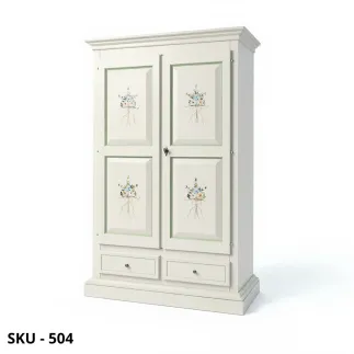 Armadio in legno, bianco perla decorato, con 2 ante e 2 cassetti - Arte povera - Stile classico - Made in Italy - 125x61x200 cm