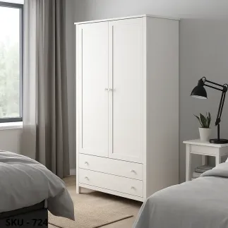 Armadio in legno, bianco opaco, 2 ante e 2 cassetti - Arte povera - Stile classico - Made in Italy - 125x62x200 cm