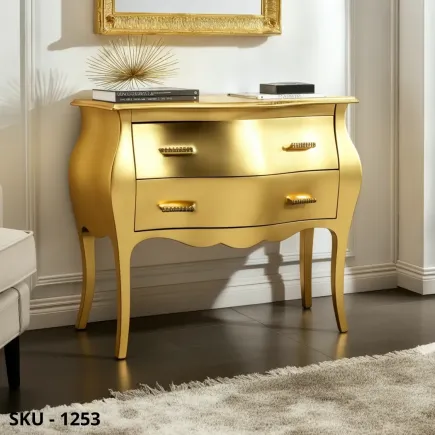 Comò Bombato in Legno, Oro e Argento, 2 cassetti - Arte Povera - Stile classico -Made in Italy - 100x42x85 cm