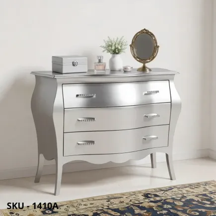 Comò bombato, oro, argento e bianco laccato, 3 cassetti - Arte povera - Stile classico - Made in Italy - 105x42x85 cm