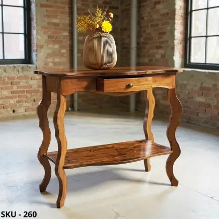 Consolle in legno massello di Pioppo, noce scuro, 1 cassetto - Arte povera - Stile classico - Made in Italy - 104x35x85 cm