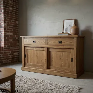 Credenza Buffet in legno Rovere Nodato, Grano e Rovere patinato, 2 ante scorrevoli e 2 cassetti - Made in Italy - 150x50x90 cm