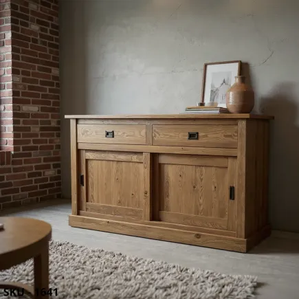 Credenza Buffet in legno Rovere Nodato, Grano e Rovere patinato, 2 ante scorrevoli e 2 cassetti - Made in Italy - 150x50x90 cm