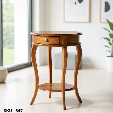 Tavolino fisso rotondo in legno, noce scuro o bianco Laccato, cassetto e ripiano - Arte povera - Made in Italy - Ø 50x75 cm