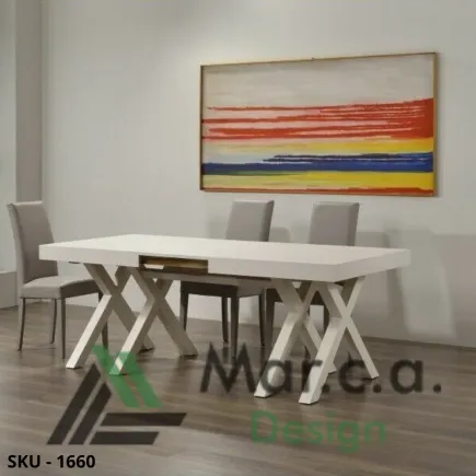 Tavolo rettangolare allungabile, finitura beton, Bianco Consumato, Rovere Nodato, gambe ad X – Stile Moderno – Made in Italy