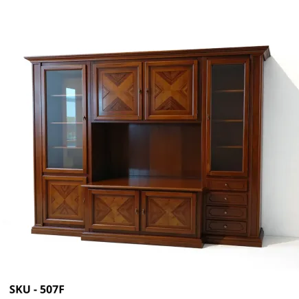 Parete Attrezzata in Legno, Noce Scuro, Bassano con Intarsi - Arte Povera - stile classico - Made in Italy - 298x56x237 cm