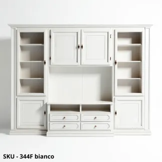 Parete attrezzata bianca, Porta TV, ante vetro e cassetti - Arte povera - Made in Italy - 322x56x237 cm