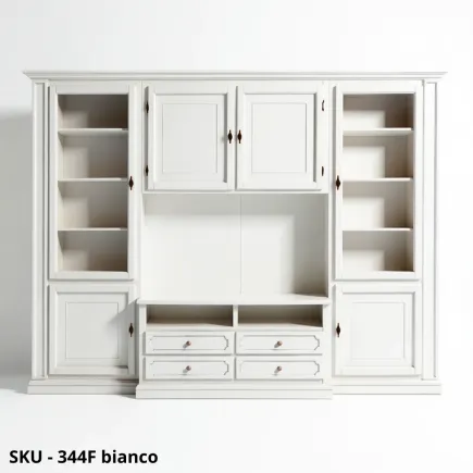 Parete attrezzata bianca, Porta TV, ante vetro e cassetti - Arte povera - Made in Italy - 322x56x237 cm