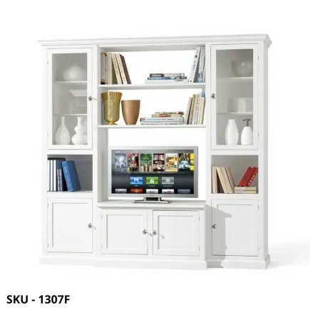 Parete attrezzata, Noce Scuro e Bianco Opaco, Finitura Bassano, Con Porta Tv, Credenza e Vetrina - Made in Italy - 225x50x225 cm