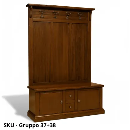 Gruppo Parete attrezzata, Cassapanca e Attaccapanni in Legno, Noce Scuro - Arte Povera - Made in Italy - 121x45x185 cm