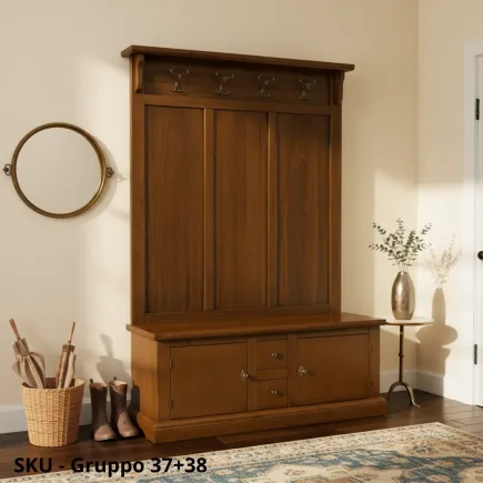 Cassapanca-attaccapanni-arte-povera-in-legno-noce-scuro-marcadesign-skugruppo37+38F-ambientata