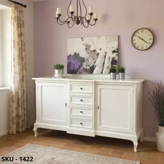 Credenza in Legno, Bianco Opaco, 2 Ante e 4 Cassetti - Made in Italy