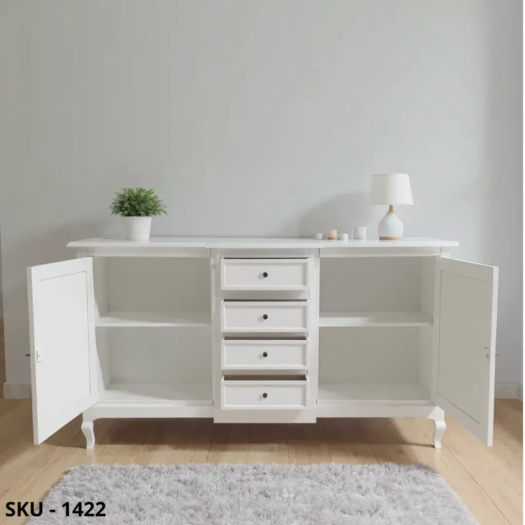 Credenza in Legno, Bianco Opaco, 2 Ante e 4 Cassetti - Made in Italy