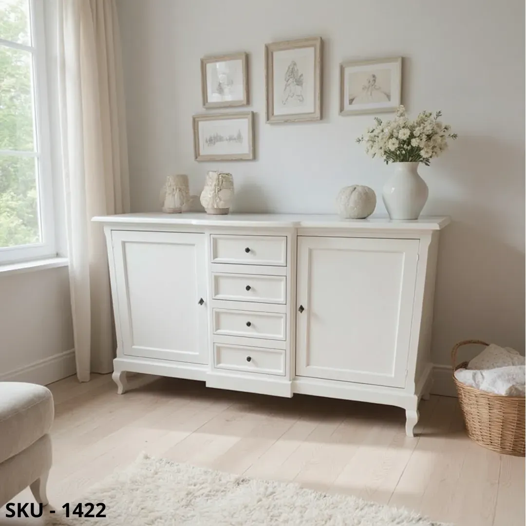 Credenza in Legno, Bianco Opaco, 2 Ante e 4 Cassetti - Made in Italy