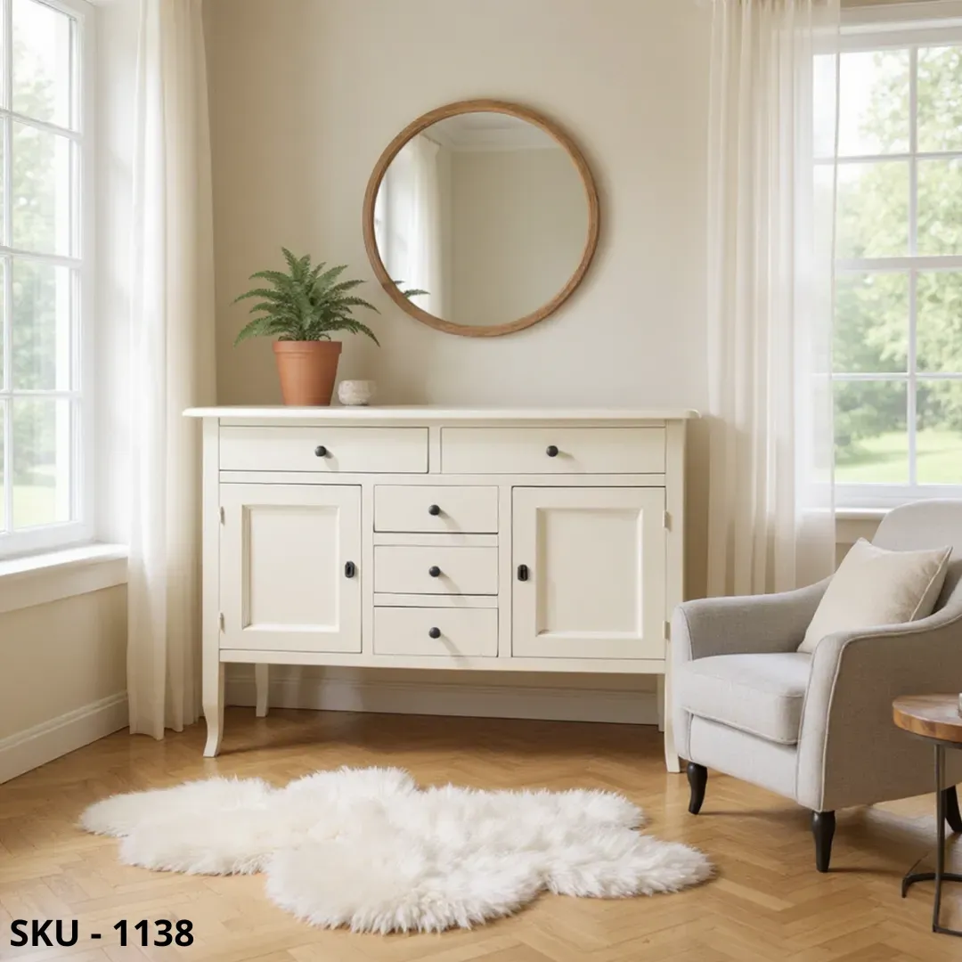 Credenza Piccola, Bianco Opaco, 2 Ante e 5 Cassetti - Made in Italy