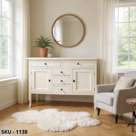 Credenza Piccola, Bianco Opaco, 2 Ante e 5 Cassetti - Made in Italy