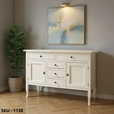 Credenza Piccola in Legno, Bianco Opaco, 2 Ante e 5 Cassetti - Arte Povera -  Stile classico - Made in Italy - 100x40x85 cm