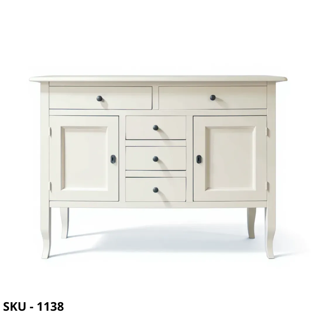 Credenza Piccola, Bianco Opaco, 2 Ante e 5 Cassetti - Made in Italy