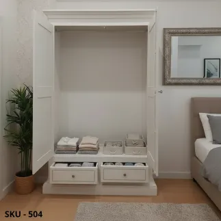 Armadio in legno, bianco perla decorato, con 2 ante e 2 cassetti - Arte povera - Stile classico - Made in Italy - 125x61x200 cm