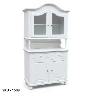 Vetrina cristalliera in Legno, Bianco Opaco e Noce Scuro, 2 Ante e 2 Cassetti - Arte Povera - Stile Classico - Made in Italy