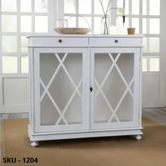 Vetrinetta cristalliera, Bianco Opaco e Noce Scuro, finitura Bassano, 2 Vetrate e 2 Cassetti - Arte Povera - Made In Italy