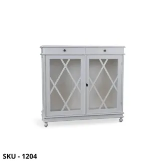 Vetrinetta cristalliera, Bianco Opaco e Noce Scuro, finitura Bassano, 2 Vetrate e 2 Cassetti - Arte Povera - Made In Italy