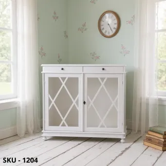 Vetrinetta cristalliera, Bianco Opaco e Noce Scuro, finitura Bassano, 2 Vetrate e 2 Cassetti - Arte Povera - Made In Italy