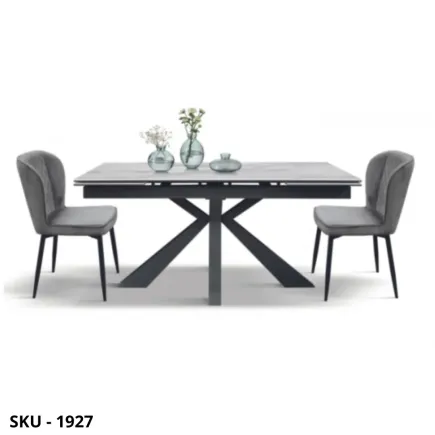 Tavolo allungabile in metallo, piano in ceramica effetto marmo, bianco, 2 allunghe– Stile Moderno - Made in Italy