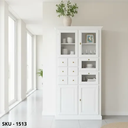 Dispensa in legno, noce scuro o bianco opaco, 4 ante e 8 cassetti – Arte Povera – Stile Classico - Made in Italy - 107x45x203 cm