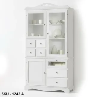 Dispensa in legno, bianco opaco, ante in vetro e cassetti - Arte povera - Stile classico - Made in Italy - 120x52x220 cm