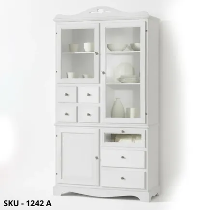 Dispensa in legno, bianco opaco, ante in vetro e cassetti - Arte povera - Stile classico - Made in Italy - 120x52x220 cm