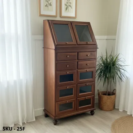 Dispensa, Noce Scuro, Bianco Opaco e Bianco Perla Decorato, con 10 Cassetti e 2 Ante in Vetro - Made in Italy – 80x42x153 cm