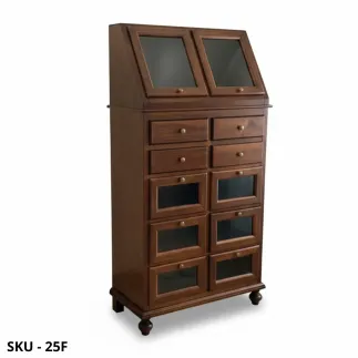 Dispensa, Noce Scuro, Bianco Opaco e Bianco Perla Decorato, con 10 Cassetti e 2 Ante in Vetro - Made in Italy – 80x42x153 cm