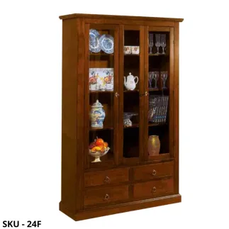 Vetrina cristalliera, Noce Scuro, con 3 Ante e Vani a Giorno - Arte Povera - Stile classico - Made in Italy