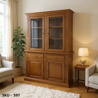 Vetrina cristalliera, Noce Scuro finitura Bassano, 4 Ante e 2 Cassetti - Arte Povera - Stile classico - Made in Italy