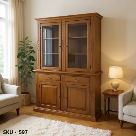 Vetrina cristalliera, Noce Scuro finitura Bassano, 4 Ante e 2 Cassetti - Arte Povera - Stile classico - Made in Italy