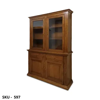 Vetrina cristalliera, Noce Scuro finitura Bassano, 4 Ante e 2 Cassetti - Arte Povera - Stile classico - Made in Italy