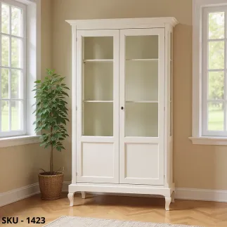 Vetrina in Legno, Bianco Opaco, con 2 Ante e 5 Ripiani - Made in Italy