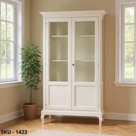 Vetrina in Legno, Bianco Opaco, con 2 Ante e 5 Ripiani - Made in Italy