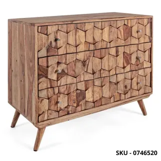 Cassettiera Kant  in Legno di Sheesham con Pomelli in Acciaio, Finitura Naturale con 3 Cassetti -  Stile Moderno – Made in Italy