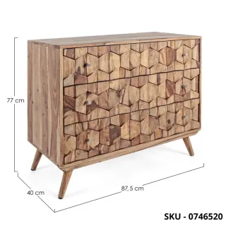 Cassettiera Kant  in Legno di Sheesham con Pomelli in Acciaio, Finitura Naturale con 3 Cassetti -  Stile Moderno – Made in Italy