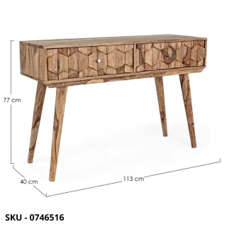 Consolle Kant in Legno Sheesham con Finitura Naturale e Pomelli in Acciaio con 2 Cassetti – Stile Moderno – Made in Italy