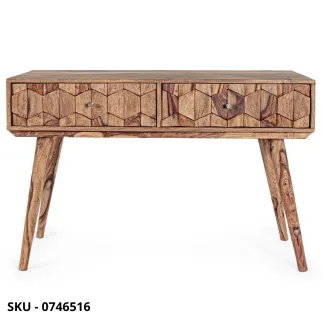 Consolle Kant in Legno Sheesham con Finitura Naturale e Pomelli in Acciaio con 2 Cassetti – Stile Moderno – Made in Italy