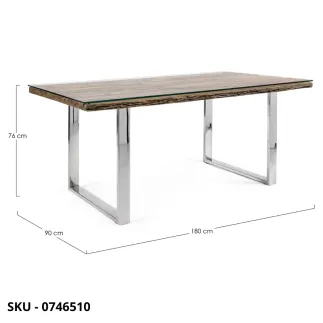 Tavolo Fisso in Legno Riciclato e Vetro Temperato, Gambe in Acciaio Inossidabile – Stile Moderno – Contemporaneo – Made in Italy