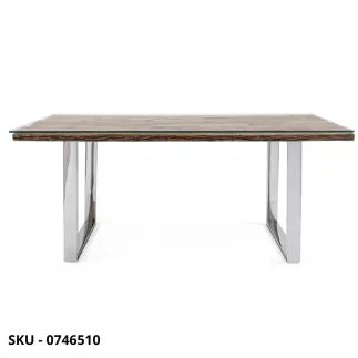 Tavolo Fisso in Legno Riciclato e Vetro Temperato, Gambe in Acciaio Inossidabile – Stile Moderno – Contemporaneo – Made in Italy