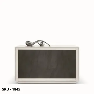 Madia in Legno Bianco, con 2 Ante in Acciaio Ossidato, grigio cemento, Rovere Rustico  – Stile Moderno – Contemporaneo