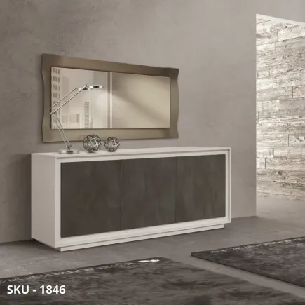 Madia Soggiorno in Legno Bianco, 3 Ante Ammortizzate con Finiture Acciaio Ossidato, Rovere Rustico o Grigio Cemento