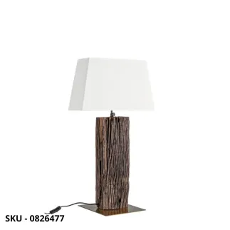 Lampada da Tavolo Hugo in Legno di Teak Riciclato con Paralume in Cotone e Base in Acciaio Finitura Ottone – Stile Moderno