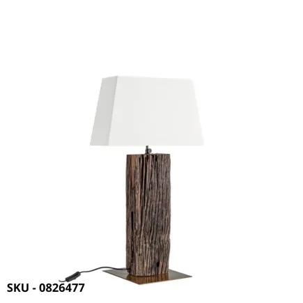 Lampada da Tavolo Hugo in Legno di Teak Riciclato con Paralume in Cotone e Base in Acciaio Finitura Ottone – Stile Moderno
