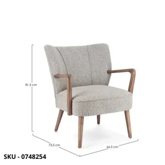 Poltrona Vintage Moritz in Legno con Braccioli e Rivestimento in Tessuto Effetto Bouclé in Terra, Bianco e Grigio